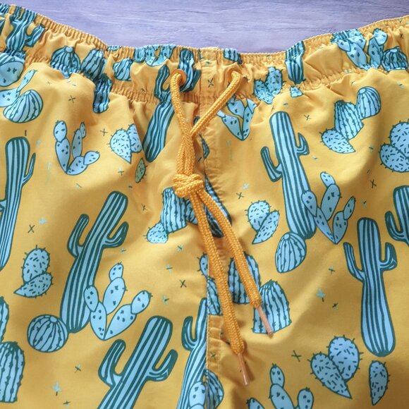 George Swim Trunks Yellow Cactus Print Shorts Elastic Drawstring L 36-38 Pool - Picture 3 of 6